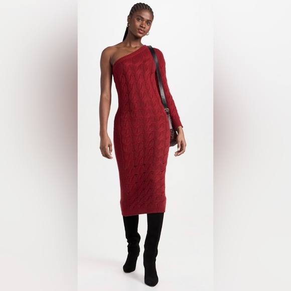 NAADAM Red Wool Cashmere One-Shoulder Cable Knit Midi Dress - size S $375 - Picture 2 of 12